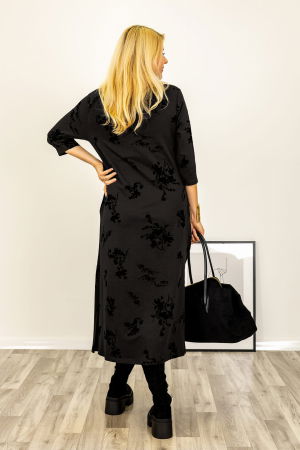 Rochie cu nod intr-o parte imprimata cu flori embosate si catifelate, din jerseu de bumbac negru [2]