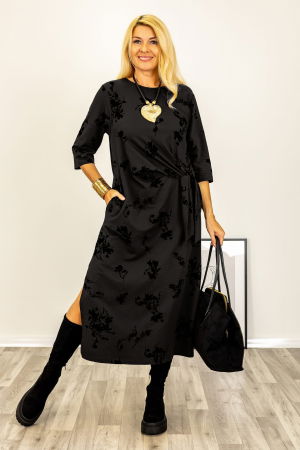 Rochii Casual - Rochie cu nod intr-o parte imprimata cu flori embosate si catifelate, din jerseu de bumbac negru