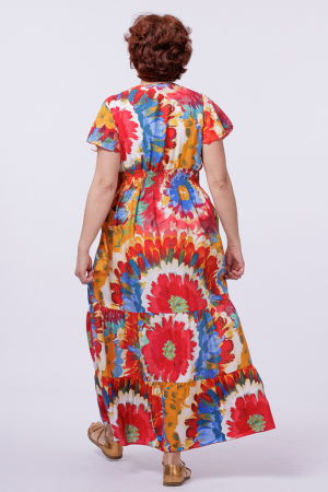 Rochie cu talia evidentiata si bust petrecut, imprimeu floral predominant rosu [2]