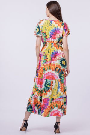 Rochie cu talia evidentiata si bust petrecut, imprimeu floral predominant verde-portocaliu [2]