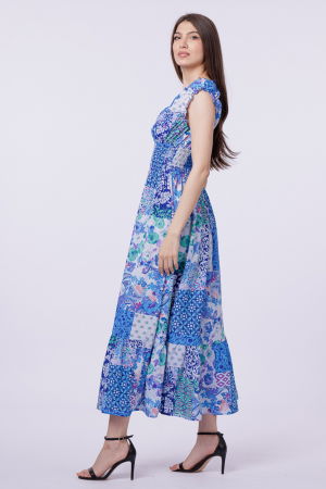 Rochie cu talia evidentiata si bust petrecut, imprimeu floral albastru [1]