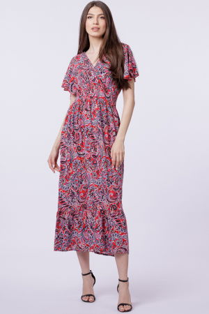 Îmbrăcăminte - Rochie cu talia evidentiata si bust petrecut, imprimeu paisley pe fond rosu