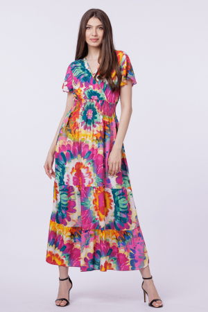Rochie cu talia evidentiata si bust petrecut, imprimeu floral predominant fucsia Rochii de Vară - Rochie cu talia evidentiata si bust petrecut, imprimeu floral predominant fucsia