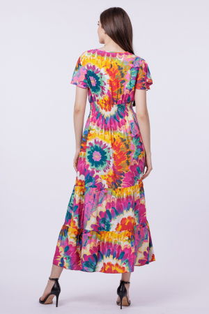 Rochie cu talia evidentiata si bust petrecut, imprimeu floral predominant fucsia [2]