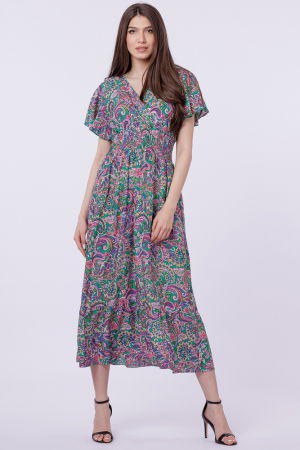 Îmbrăcăminte - Rochie cu talia evidentiata si bust petrecut, imprimeu paisley pe fond verde