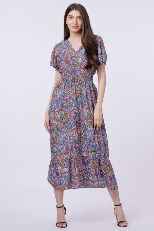 Îmbrăcăminte - Rochie cu talia evidentiata si bust petrecut, imprimeu paisley pe fond albastru