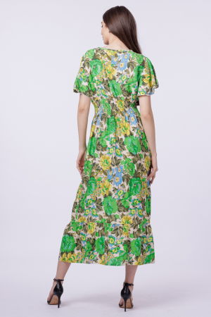 Rochie cu talia evidentiata si bust petrecut si imprimeu cu flori verzi [2]