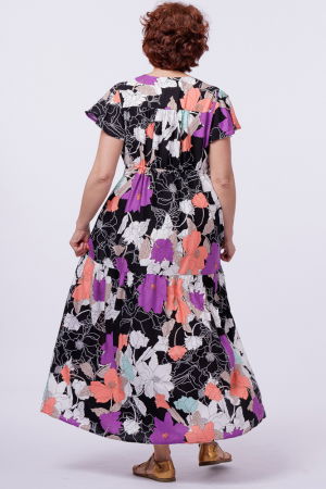 Rochie cu bust petrecut si imprimeu floral pe fond negru [3]