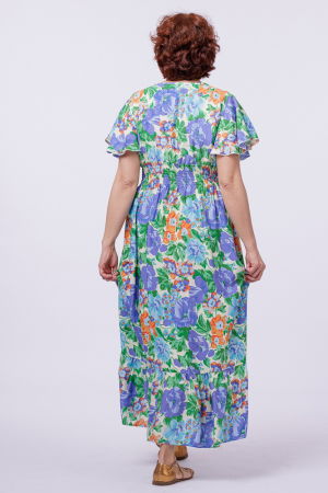 Rochie cu talia evidentiata si bust petrecut si imprimeu cu flori albastre-portocalii [2]