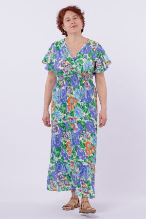 Rochie cu talia evidentiata si bust petrecut si imprimeu cu flori albastre-portocalii [1]