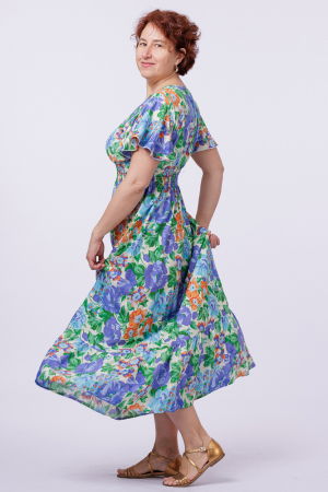 Îmbrăcăminte - Rochie cu talia evidentiata si bust petrecut si imprimeu cu flori albastre-portocalii