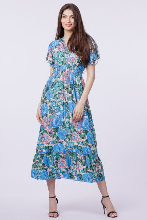 Rochie cu talia evidentiata si bust petrecut si imprimeu cu flori albastre-roz [1]