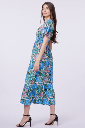 Rochie cu talia evidentiata si bust petrecut si imprimeu cu flori albastre-roz [2]