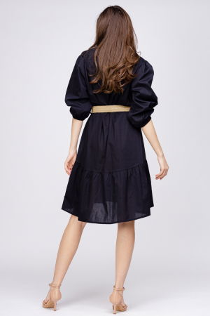 Rochie cu volan din poplin de bumbac cu curea elastica, neagra [3]