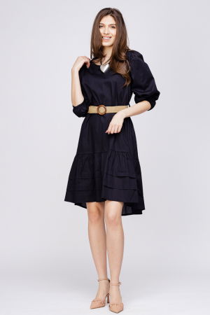 Rochie cu volan din poplin de bumbac cu curea elastica, neagra [2]