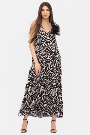 Rochie cu volane si bretelute, lunga, animal print alb-negru [1]