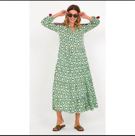 Rochie cu volane si broderie pe maneci, din vascoza, imprimeu verde [1]