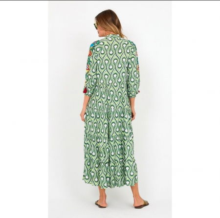 Rochie cu volane si broderie pe maneci, din vascoza, imprimeu verde [3]