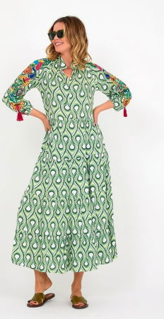 Rochii din Vâscoză - Rochie cu volane si broderie pe maneci, din vascoza, imprimeu verde