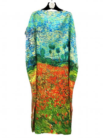 Rochii de Plajă tip Poncho - Rochie de plaja lunga tip poncho din matase cu pictura impresionista camp cu maci si pomi