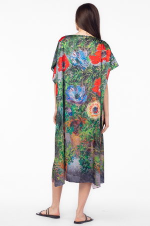 Rochie de plaja lunga tip poncho din matase cu imprimeu impresionist, floral pe fond verde [2]