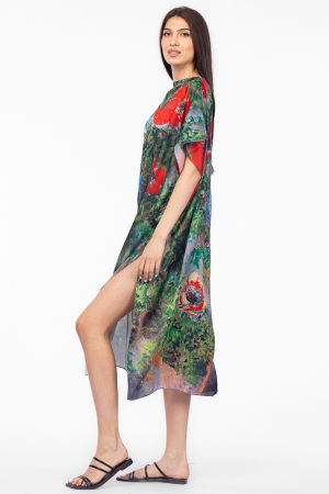 Rochie de plaja lunga tip poncho din matase cu imprimeu impresionist, floral pe fond verde [1]