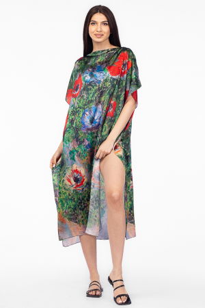 MĂSURI MARI - Rochie de plaja lunga tip poncho din matase cu imprimeu impresionist, floral pe fond verde