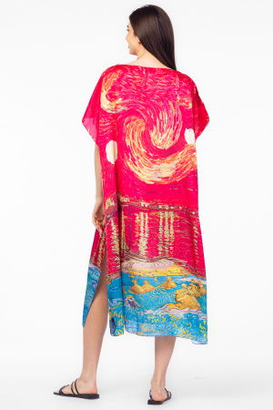 Rochie fucsia de plaja lunga tip poncho din matase cu reproducere dupa " Noapte Instelata deasupra Rhonului" de Claude Monet [2]