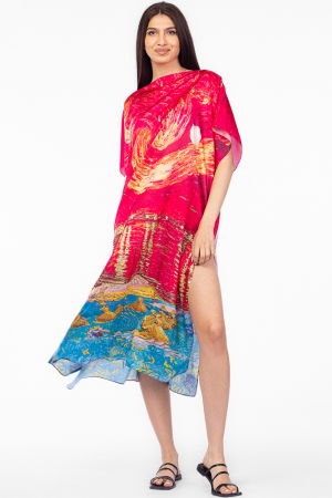 Îmbrăcăminte - Rochie fucsia de plaja lunga tip poncho din matase cu reproducere dupa " Noapte Instelata deasupra Rhonului" de Claude Monet