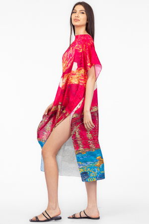 Rochie fucsia de plaja lunga tip poncho din matase cu reproducere dupa " Noapte Instelata deasupra Rhonului" de Claude Monet [1]