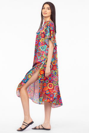 Rochie de plaja lunga tip poncho din matase cu imprimeu cercuri multicolore [1]