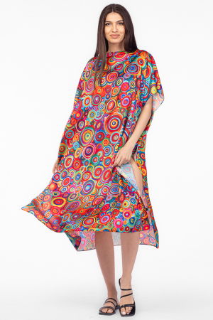 Rochii de Plajă tip Poncho - Rochie de plaja lunga tip poncho din matase cu imprimeu cercuri multicolore
