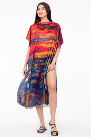 Rochii de Plajă tip Poncho - Rochie de plaja lunga tip poncho din matase cu imprimeu dupa pictura celebra