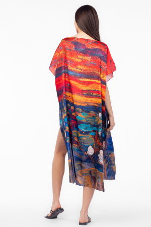 Rochie de plaja lunga tip poncho din matase cu imprimeu dupa pictura celebra [2]