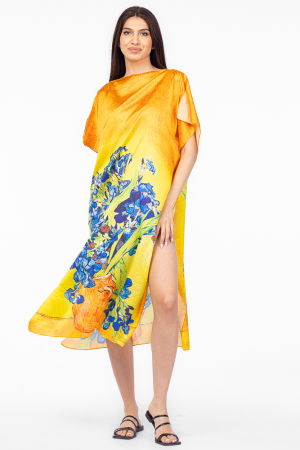 Rochii de Plajă tip Poncho - Rochie de plaja lunga tip poncho din matase cu imprimeu inspirat din pictura " Irisi" a lui Vincent Van Gogh