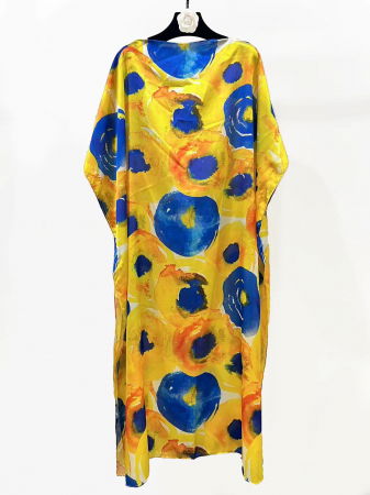 Rochii de Plajă tip Poncho - Rochie de plaja lunga tip poncho din matase cu flori galbene pe fond galben