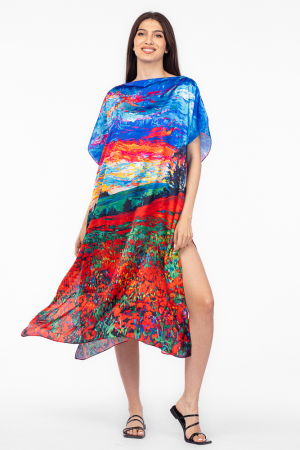 Rochii de Plajă tip Poncho - Rochie de plaja lunga tip poncho din matase cu pictura camp de maci si cer albastru
