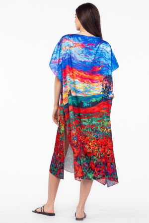 Rochie de plaja lunga tip poncho din matase cu pictura camp de maci si cer albastru [4]