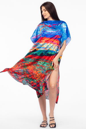 Rochie de plaja lunga tip poncho din matase cu pictura camp de maci si cer albastru [2]