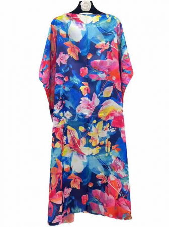 MĂSURI MARI - Rochie de plaja lunga tip poncho din matase cu flori fucisa pe fond albastru