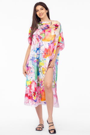 Rochii de Plajă tip Poncho - Rochie de plaja lunga tip poncho din matase cu motiv floral pastelat