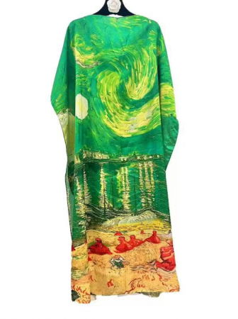 Rochii de Plajă tip Poncho - Rochie verde de plaja lunga tip poncho din matase cu reproducere dupa " Noapte Instelata deasupra Rhonului" de Claude Monet