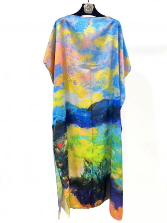 Rochii de Plajă tip Poncho - Rochie de plaja lunga tip poncho din matase cu reproducere dupa pictura celebra