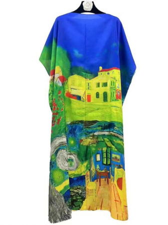 Îmbrăcăminte - Rochie de plaja lunga tip poncho din matase cu casute pe fond albastru si verde