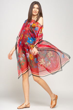 Rochii de Plajă tip Poncho - Rochie de plaja tip poncho de plaja cu flori si fluturi pe fond rosu, matase si vascoza