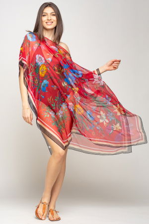 Rochie de plaja tip poncho de plaja cu flori si fluturi pe fond rosu, matase si vascoza [2]