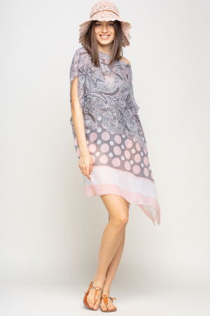 Rochie de plaja tip poncho de plaja cu motive florale si buline roz, vascoza [1]