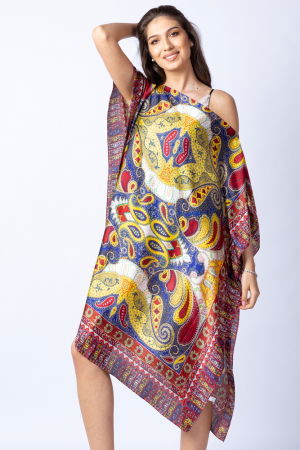 Rochii de Plajă tip Poncho - Rochie de plaja tip poncho din matase cu imprimeu arabesque pe fond bordo - albastru