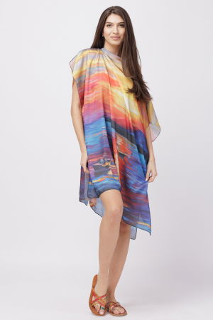 Rochie de plaja tip poncho din matase cu imprimeu apus de soare pe apa [3]