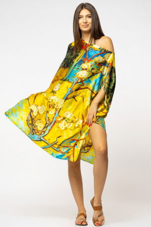 Rochii de Plajă tip Poncho - Rochie de plaja tip poncho din matase cu imprimeu inspirat din pictura moderna cu galben si albastru
